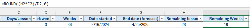 Excel screenshot with formula '=ROUND((H2 times C2) divided by D2,0)', affected cell highlighted.