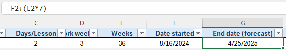 Excel screenshot with formula '=F2+(E2 times 7)', affected cell highlighted.