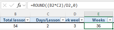 Excel screenshot with formula '=ROUND((B2 times C2) divided by D2,0)', affected cell highlighted.