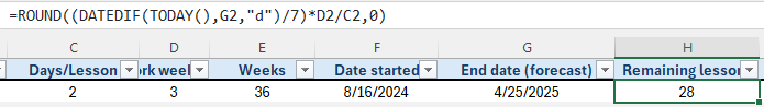 Excel screenshot with formula '=ROUND((DATEDIF(TODAY(),G2,"d") divided by 7) times D2 divided by C2,0)', affected cell highlighted